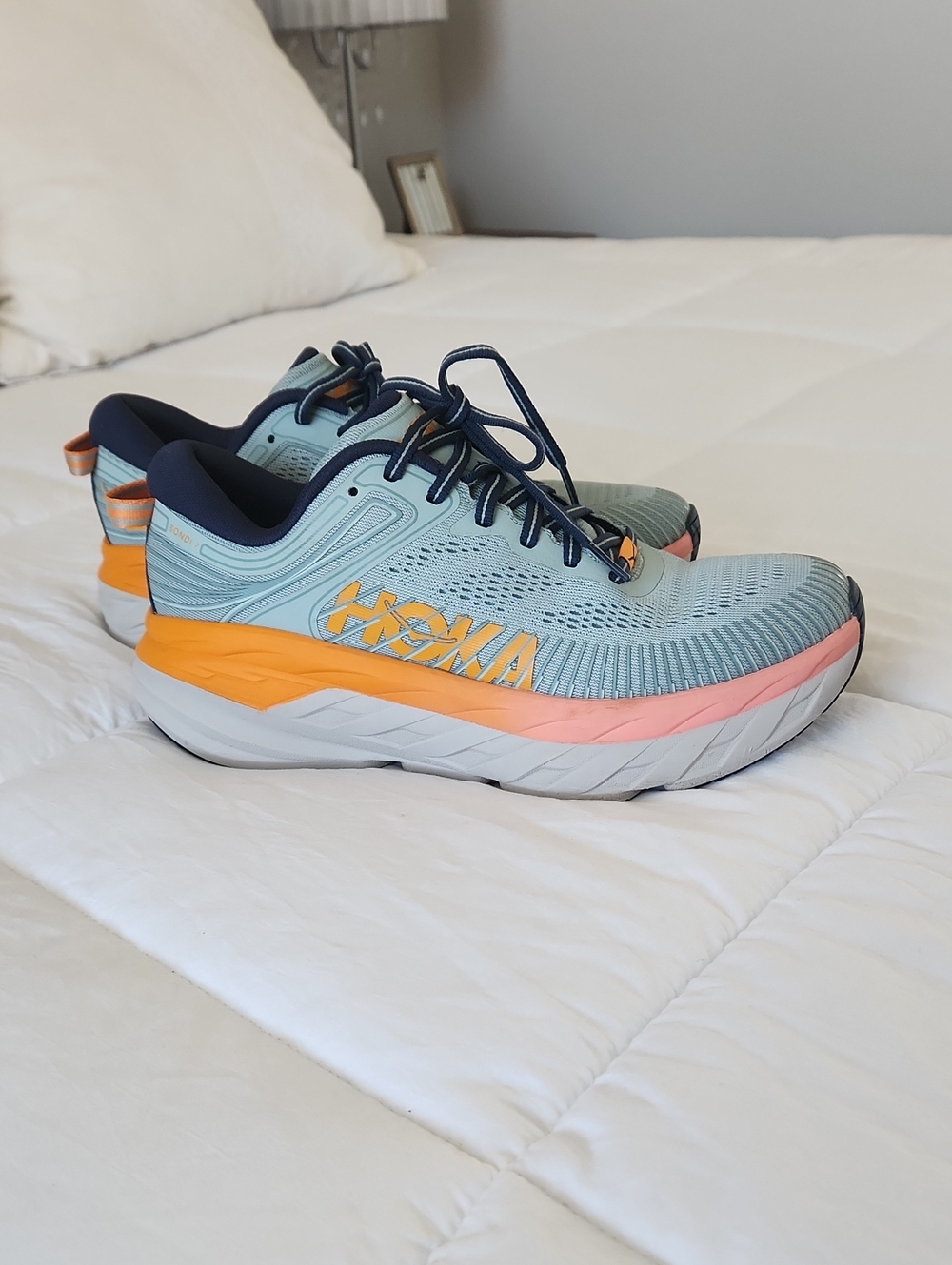 HOKA Clifton 9 Blue & Orange Athletic Shoes